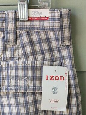 Izod Luxury Sport Men's Plaid /Check Cargo Shorts Blue White Tan Sz 32 NWT